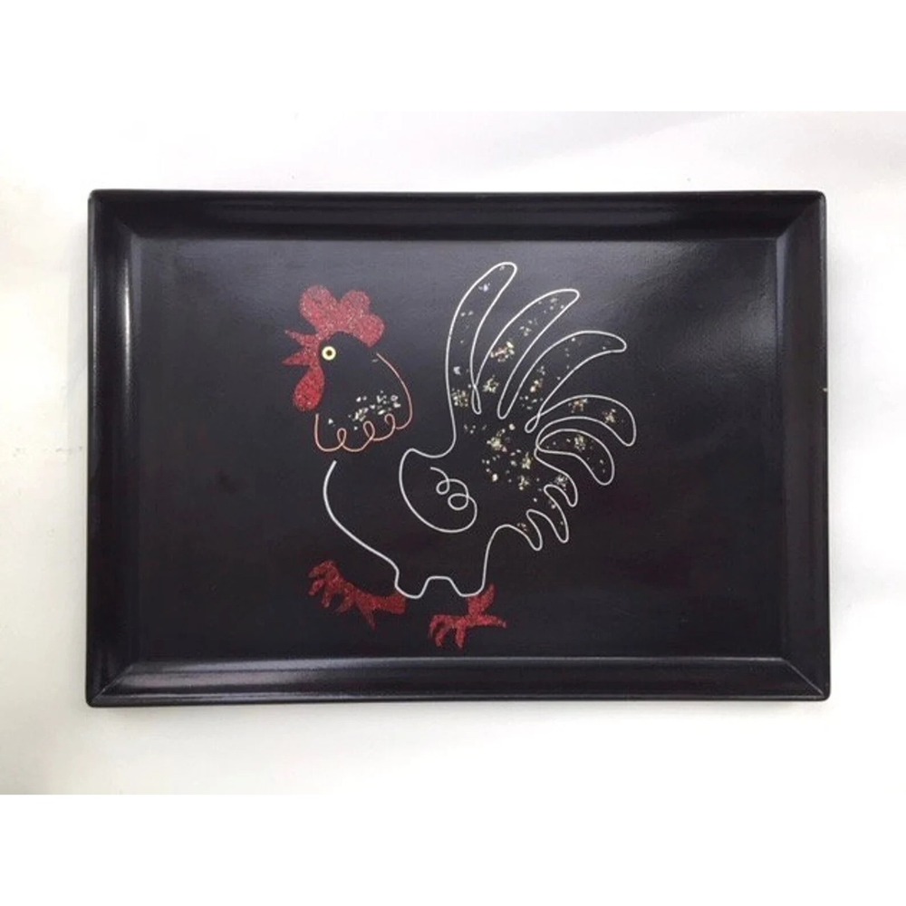 Couroc Monterey Rooster Inlay Metal Tin Mid Century Modern Cocktail Tray Set 4